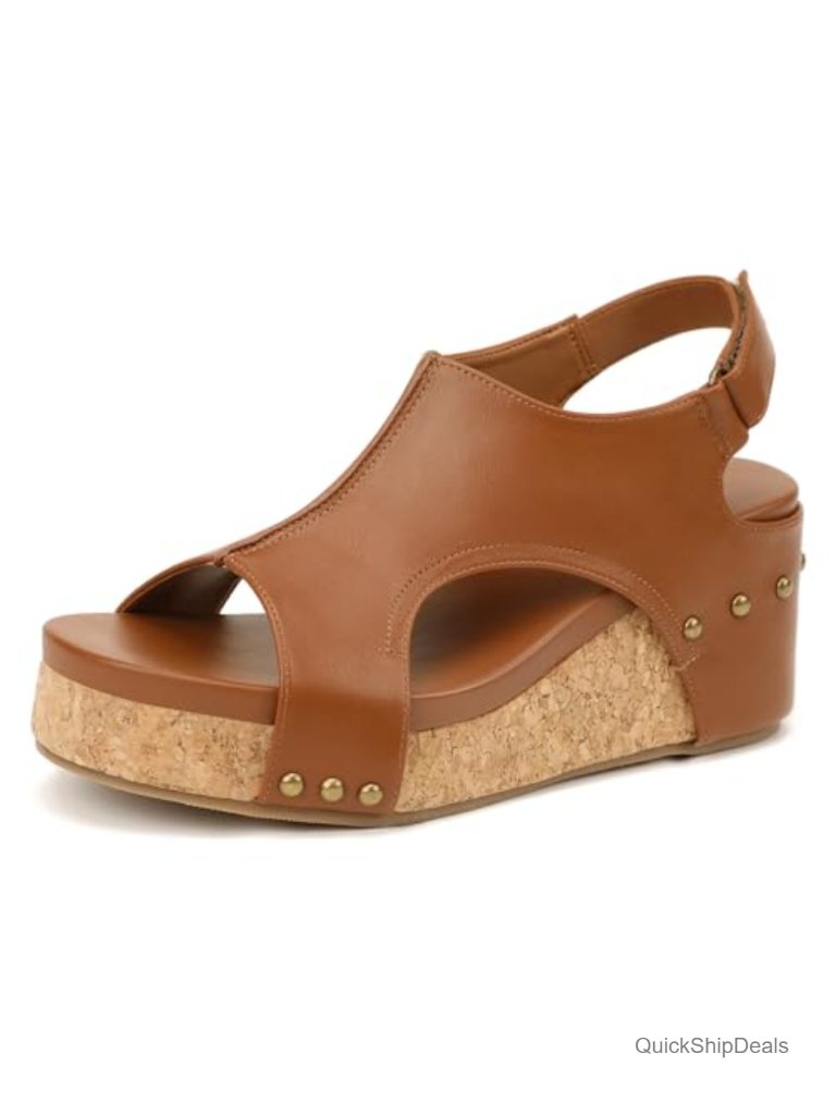 Faux Leather Platform Wedge Sandals Open Toe Adjustable Slingback Comfortable